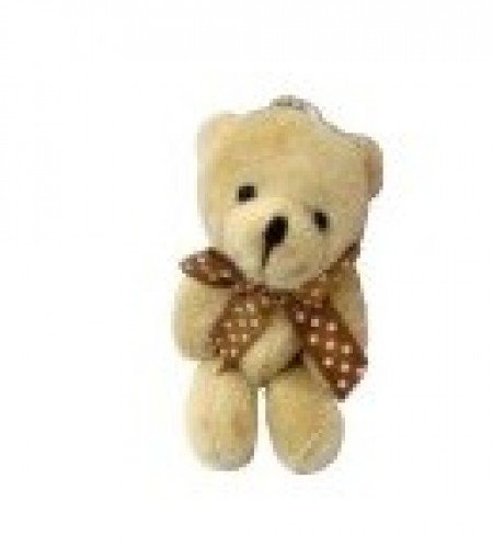 pelúcia 52005-Chaveiro urso articulado laço bolinha marfim e bege 8cm 3por10