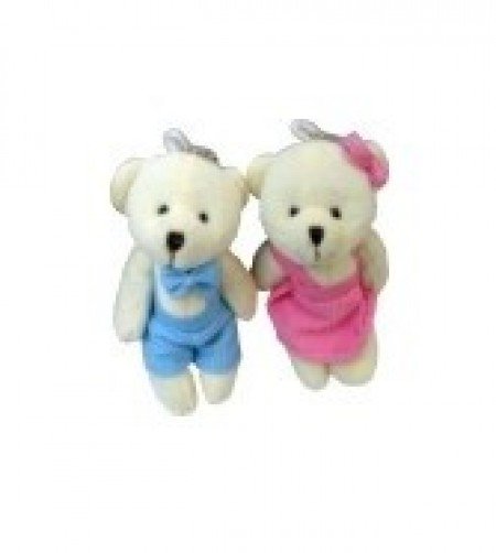pelúcia 52008-Chaveiro urso articulado roupa veludo bolinha azul e rosa 11cm 2por10