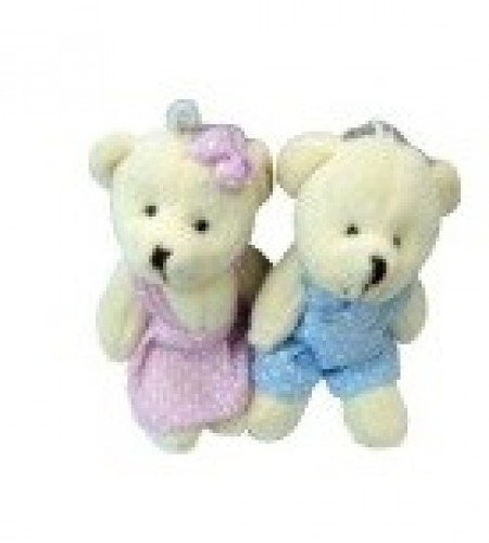 pelúcia 52008-Chaveiro urso articulado roupa veludo bolinha azul e rosa 11cm 2por10